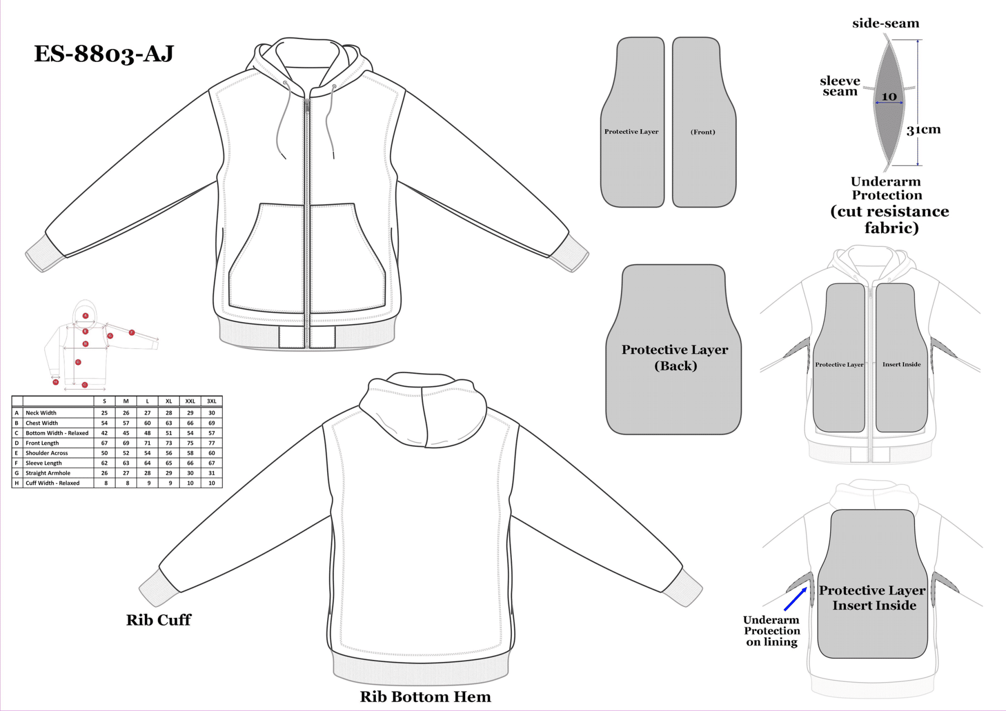 Cut Resistant Zipped Hoodie Size Chart
